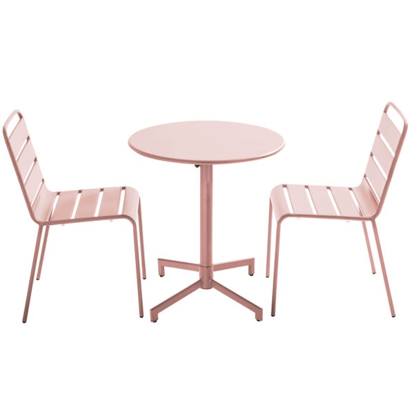 Bistro-Set bestehend aus einem runden Metalltisch und zwei Metallstühlen mit Querstreben.