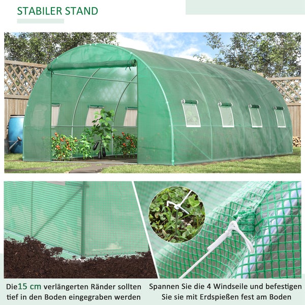 Outsunny Gewächshaus ca. 6 x 3 x 2 m Foliengewächshaus mit 8 Fenster, Rolltür, Aufrollbar Seitenwänden, UV-beständiger Folientunnel, Winterfest Tomatenhaus mit Erdanker, Grün