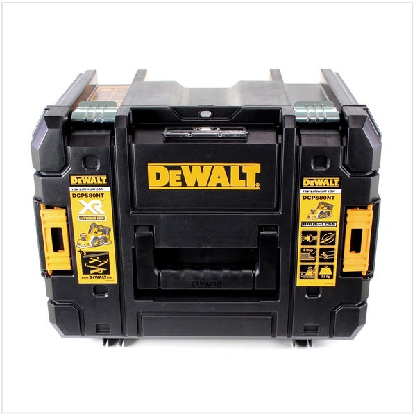 DeWalt Werkzeugkoffer TSTAK für Akku-Hobel DCP580NT in Schwarz mit gelben Akzenten und Markenlogo.