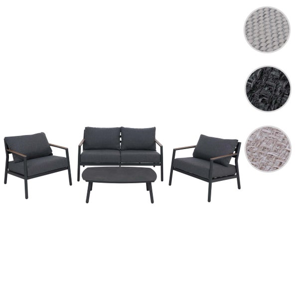 4-teiliges Garten-Lounge-Set mit Sofa, Sesseln und Tisch, Metallgestell mit Holzarmlehnen und Stoffpolstern inklusive Detailansichten der Stoffe.