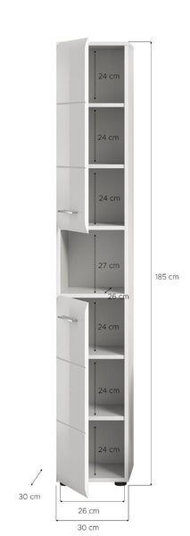 Weißer Bad-Hochschrank mit zwei Türen und einem offenen Fach, Abmessungen 185 Zentimeter hoch, 30 Zentimeter breit und 30 Zentimeter tief.