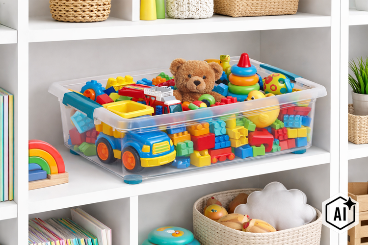 Durchsichtige Aufbewahrungsbox aus Kunststoff, gefüllt mit Spielzeug wie einem Teddybär, Bauklötzen und Fahrzeugen auf einem weißen Regal.