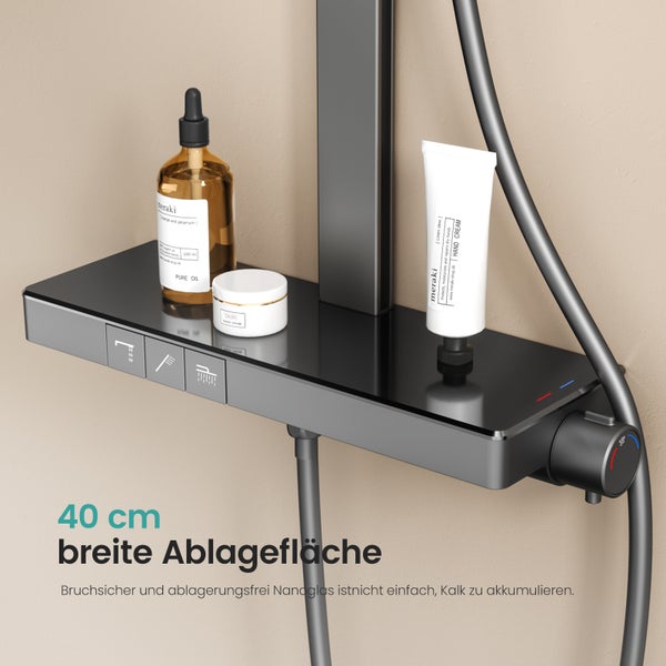 EMKE Duschsystem mit Thermostat, Duschsäule mit 40 cm thermostatischer Glasplatte, höhenverstellbarer Brausestange, Handbrause mit 4 Strahlarten & Wasserauslass, Anthrazit Matt