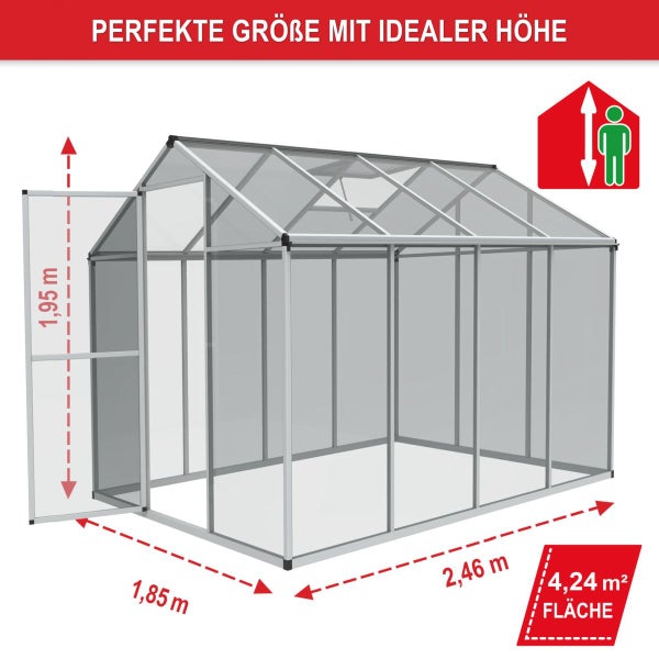 Gewächshaus mit Beispielen für Blumen, Erdbeeren, Zucchini und Karotten für individuelles Bepflanzen und optimales Wachstum.