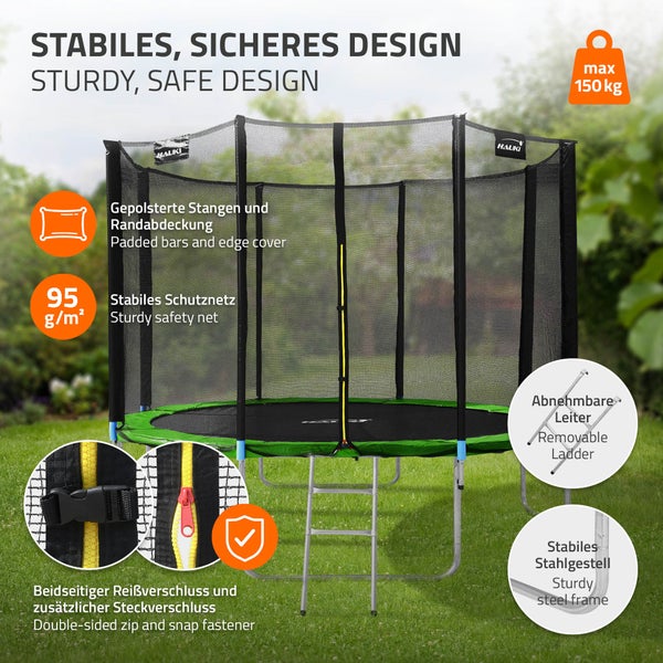Hauki Trampolin Outdoor, Ø366 cm, Grün, GS geprüft, Rundes Gartentrampolin für Kinder bis 150 kg, Komplettset mit Sicherheitsnetz, Leiter, Randabdeckung, Gepolsterte Stangen, Stabile Kindertrampolin