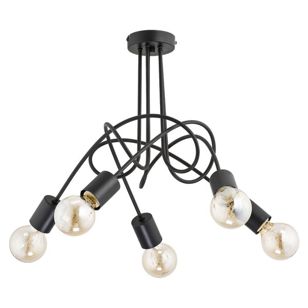 Moderne Deckenleuchte mit fünf Lichtquellen und geschwungenen Metallarmen im industriellen Design