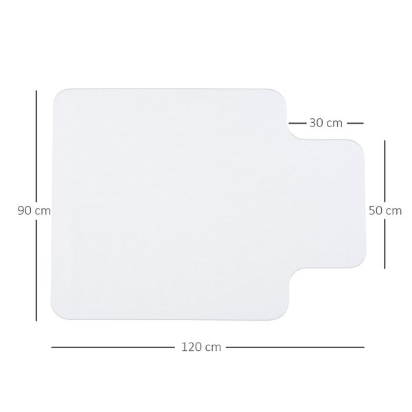 Bodenschutzmatte für Bürostühle mit Lippe, Gesamtmaße 120 Zentimeter mal 90 Zentimeter, Lippe 30 Zentimeter mal 50 Zentimeter.