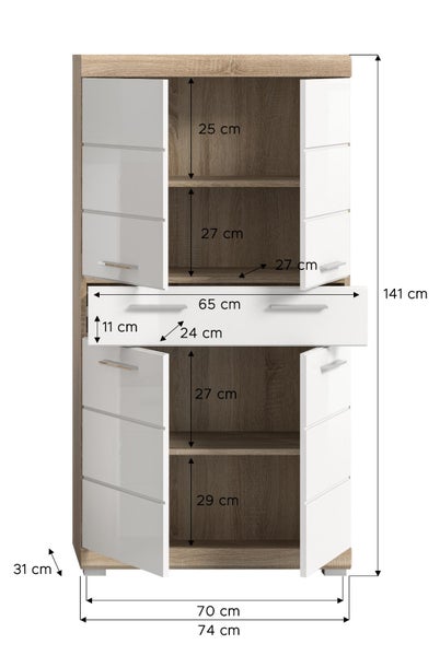Schrank in Eichenoptik mit weißen Türen und Schublade. Maße: Höhe 141 Zentimeter, Breite 74 Zentimeter, Tiefe 31 Zentimeter.