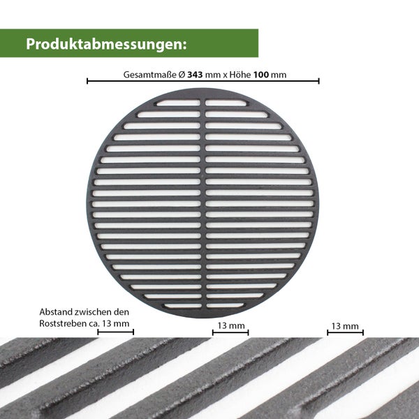 Runder Grillrost aus Gusseisen mit 343 Millimeter Durchmesser und 100 Millimeter Höhe sowie 13 Millimeter Stababstand als Maßzeichnung