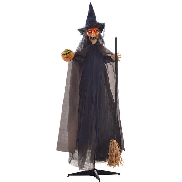 HOMCOM 190cm Halloween Dekoration Halloween-Hexe mit LED-Lichter, Soundfunktion, Haustür Deko mit verstellbare Arme, Garten Dekofigur in Lebensgröße für Party