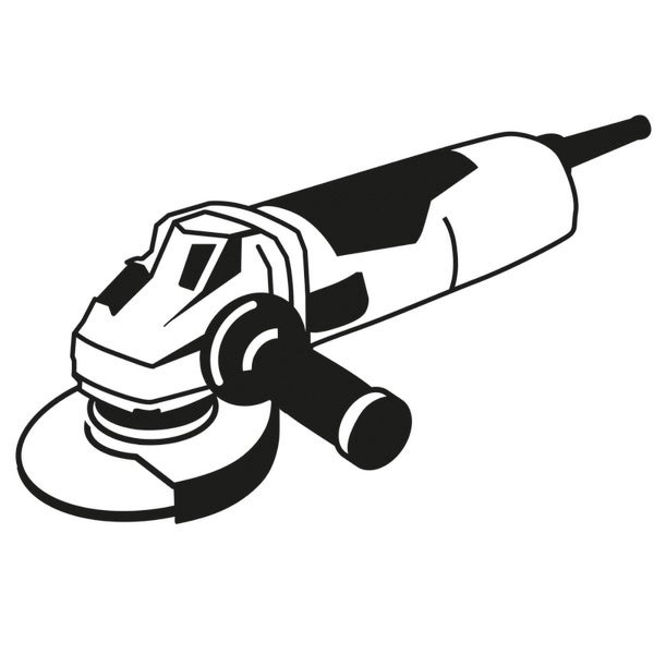 Symbol für einen Winkelschleifer mit Handgriff und Schutzhaube.