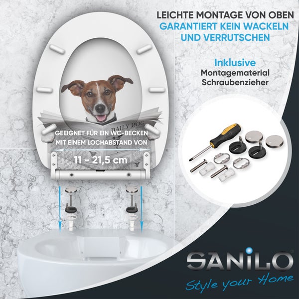 Sanilo WC-Sitz mit Hundemotiv, inklusive Montagematerial und Schraubendreher, Lochabstand von 11 bis 21,5 Zentimeter.