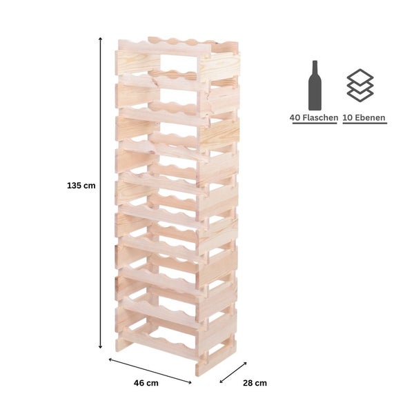 Weinregal VINOTECA FLEX PRO HxBxT 135x46x28cm 40 Flaschen auf 10 Ebenen Massives Kiefernholz Natur unbehandelt