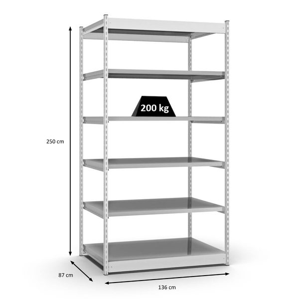 PROREGAL Fachbodenregal Stecksystem Vierkant-Profil Grundregal HxBxT 250 x 132,5 x 80 cm 6 Ebenen Einseitige Bauart Fachlast 200 kg Lichtgrau