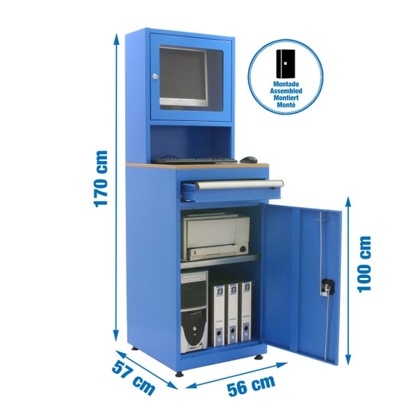Blaue Werkbank mit Computer, Tastatur, Maus, Schublade, Drucker und Aktenordnern