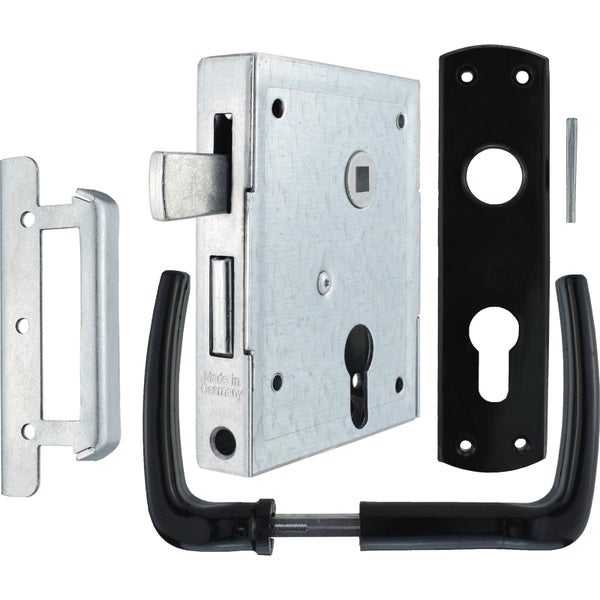 Rohrrahmenschloss-Set mit Einsteckschloss, Schließblech, schwarzen Türdrückern und Langschild für Profiltüren.