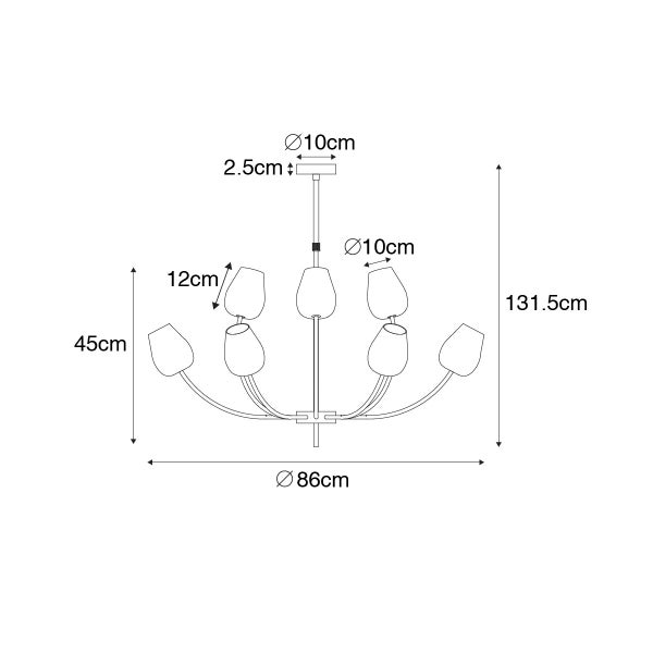 Technische Zeichnung einer Lampe mit acht Leuchtenarmen und Maßangaben