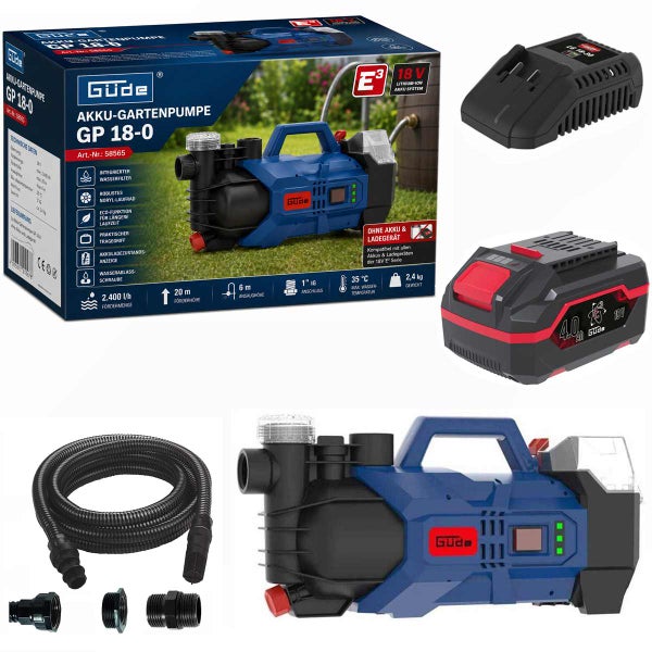 Güde Akku-Gartenpumpe GP 18-0 Set mit Güde Logo, 18 Volt Akku, Ladegerät, Ansaugschlauch und Zubehör für die Gartenbewässerung.