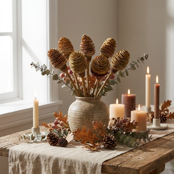 Herbstliche Tischdekoration mit einer Steinvase voller getrockneter Banksia Blumen, Eukalyptuszweigen, Kiefernzapfen, Eichenblättern und Kerzen.