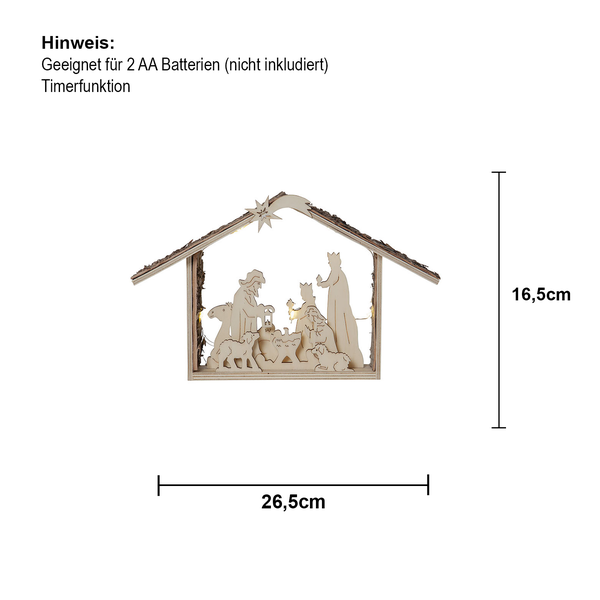 Beleuchtete Holzkrippe mit den Maßen 26,5 cm mal 16,5 cm