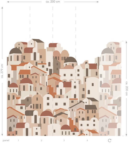 Grafik einer Stadtlandschaft mit Häusern in warmen Farbtönen