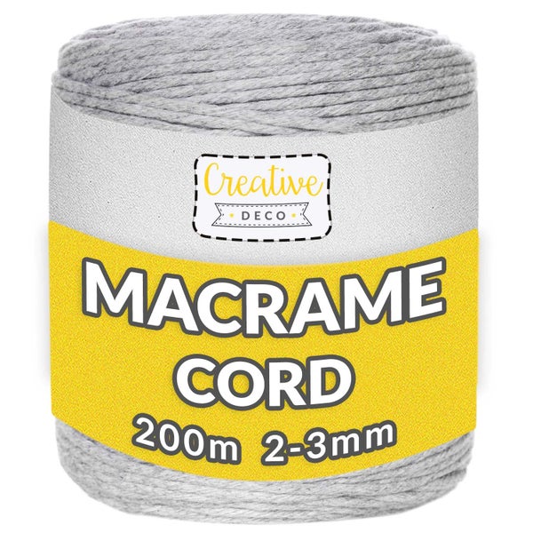 Makramee-Garn Creative Deco in Grau, 200 Meter Länge, 2 bis 3 Millimeter Stärke, Baumwollkordel.