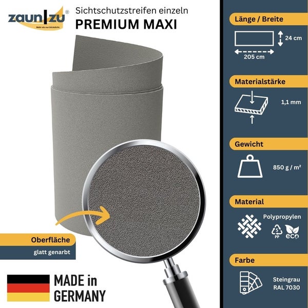 Zaun zu Premium Maxi Sichtschutzstreifen, Länge 205 cm, Breite 24 cm, Materialstärke 1,1 mm, Gewicht 850 g pro Quadratmeter, Polypropylen Material, Farbe Steingrau RAL 7030, Oberfläche glatt, hergestellt in Deutschland