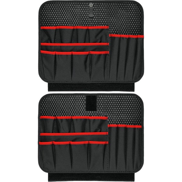 Zwei schwarze Werkzeughalter mit roten Akzenten und mehreren Taschen für Werkzeugkoffer.