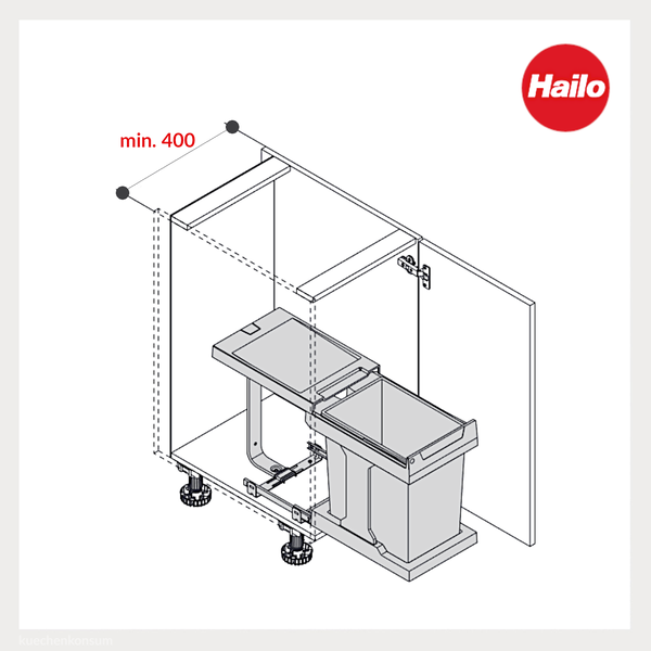 Einbauskizze für ein Hailo Abfalltrennsystem in einem Küchenunterschrank mit einer Mindestbreite von 400 Millimetern. Hailo Logo.