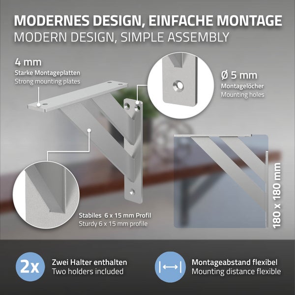 ML-Design 2 Stück Regalhalterung 180x180 mm, Silber, Aluminium, Schwebende Regalhalterungen, Regalwinkel, Wandhalterung für Regalbrett, Regalträger für Wandmontage, Wandregal Wandkonsole Regalstütze