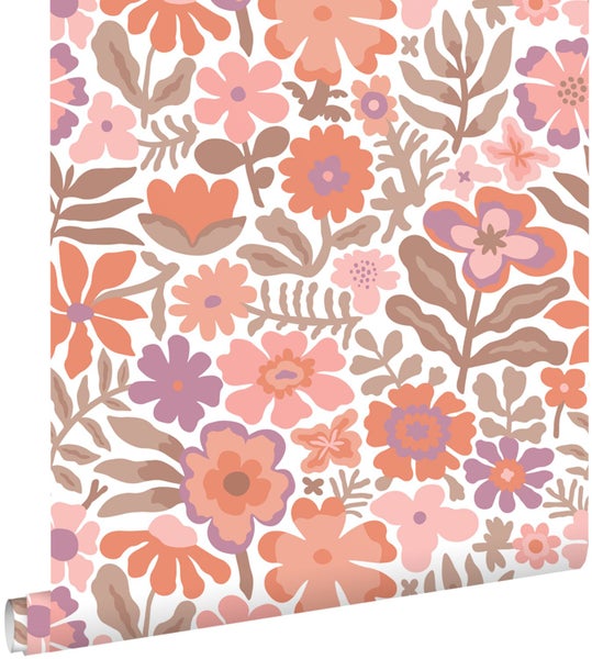 Vliestapete mit retro Blumenmuster in Pfirsich, Terrakotta, Rosa, Lavendel und Braun.