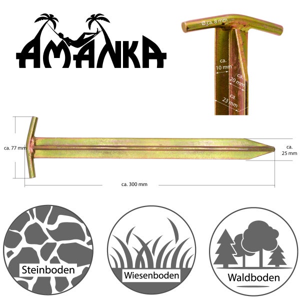 AMANKA Extra Stabil 4 Stahl Erdnägel T-Profil 300x25mm Zelt-Heringe Harte Böden Zeltnägel Campingheringe Lang Verzinkt