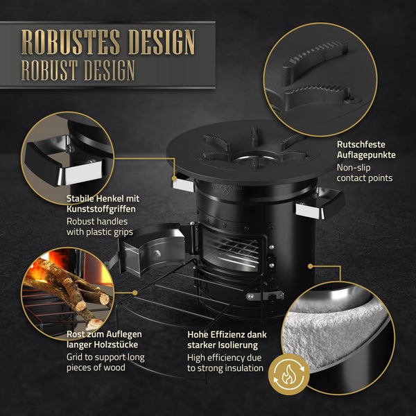 BBQ#BOSS Raketenofen mit Grillpfanne, Tragetasche + Power Ring, Schwarz, Campingkocher Holz mit Brennholzständer, Camping BBQ Holzofen zum Kochen, Outdoor-Küche, Raketenherd Dutch Oven Campinggrill