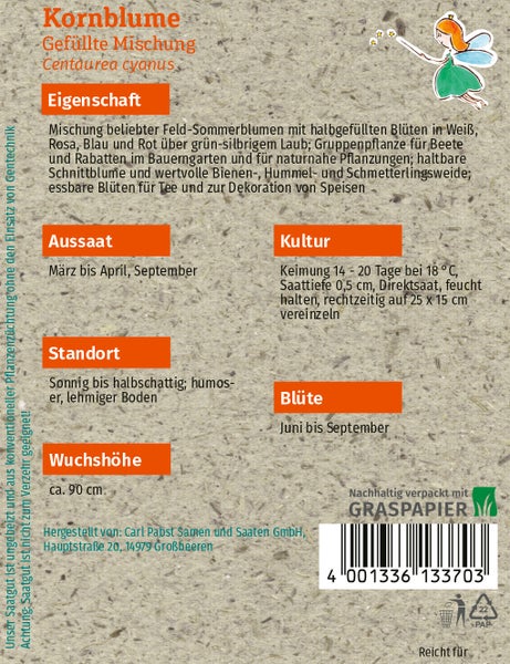 Rückseite der Samentüte Kornblume Gefüllte Mischung mit Details zu Aussaat, Standort, Wuchshöhe und Blüte auf nachhaltigem Graspapier.