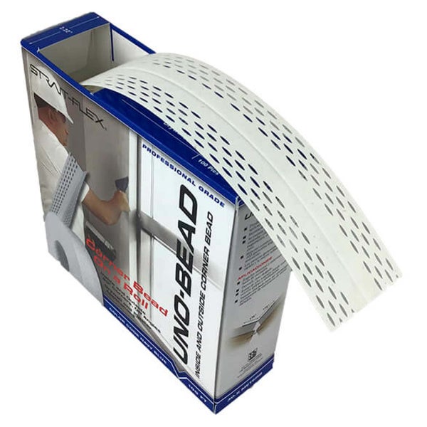 Strait-Flex Uno-Bead flexibles Kantenschutzprofil auf Rolle im Spendereingehäuse, weißer Kunststoff mit Lochung für Trockenbau.