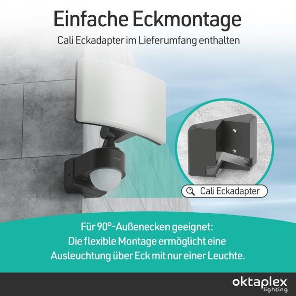 Außenstrahler mit Bewegungsmelder an einer Hausecke montiert, inklusive Eckadapter für 90 Grad Außenecken. oktaplex lighting Logo.