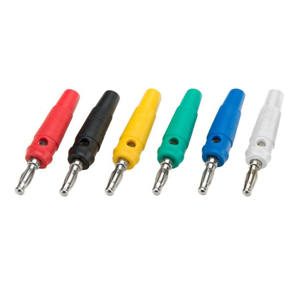 Set mit sechs Bananensteckern in verschiedenen Ausführungen für elektrische Verbindungen.