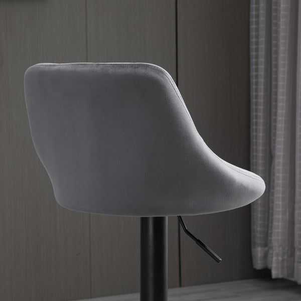 Detailansicht eines grauen Barstuhls mit höhenverstellbarem Fuß