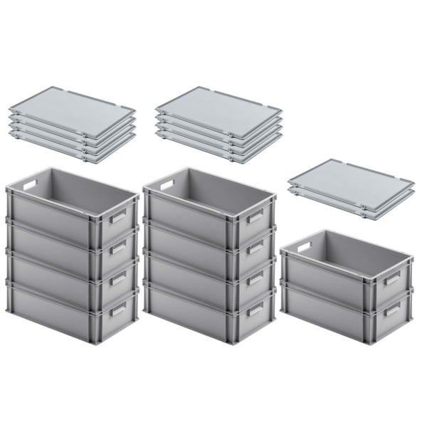 PROREGAL SuperSparSet 10 x Eurobehälter Mit Offenem Griff und Scharnierdeckel HxBxT 17,5 x 40 x 60 cm 30 Liter Grau Eurobox Transportbox