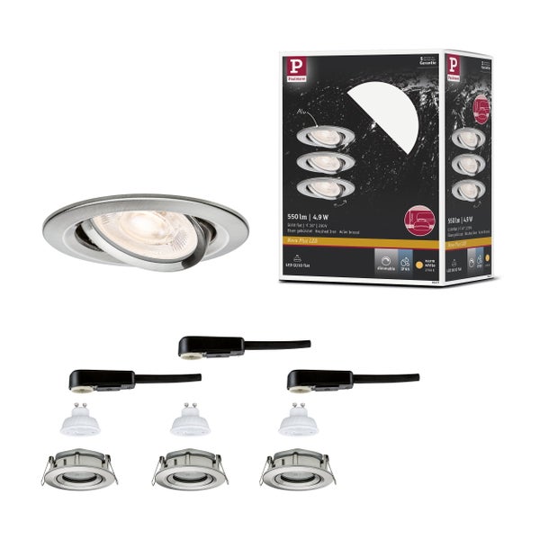 Paulmann LED-Einbaustrahler Set Nova Plus, 3-flammig, Eisen gebürstet, GU10, 4,9 Watt, dimmbar, IP65, Warmweiß.