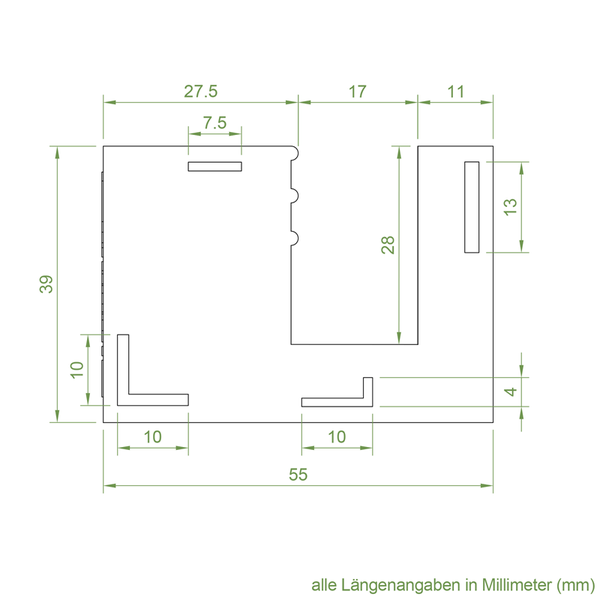 Technische Zeichnung mit Maßangaben in Millimetern für ein Bauteil mit komplexer Geometrie, Aussparungen und Schlitzen.