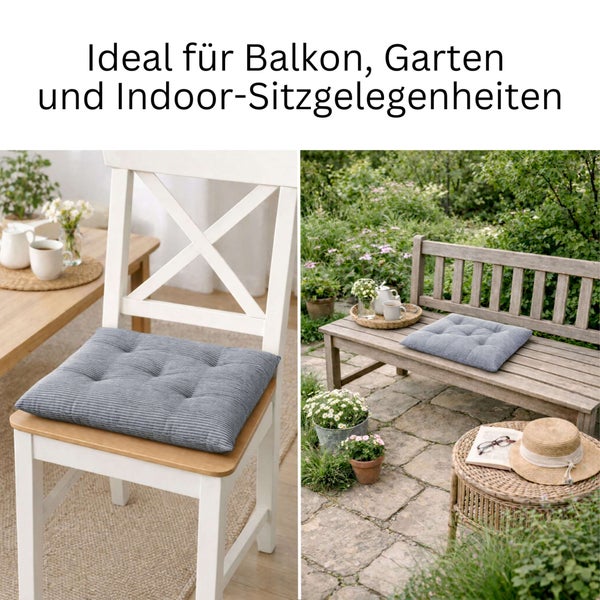 Gestepptes, gestreiftes Sitzkissen für Balkon, Garten und Innenbereich, abgebildet auf einem Holzstuhl und einer Gartenbank aus Holz.