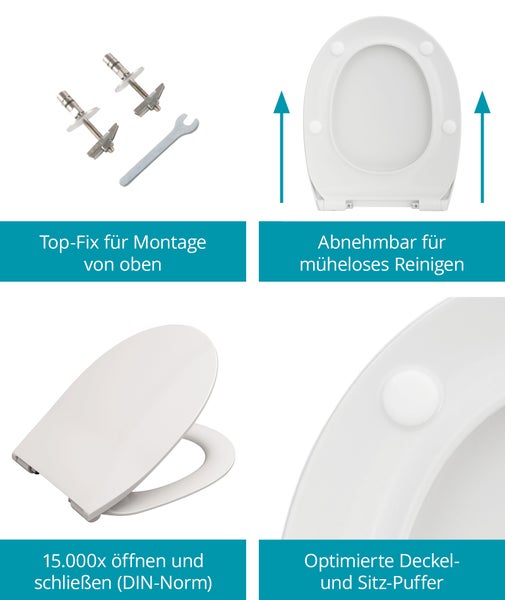 Details und Funktionen eines WC Sitzes mit Top Fix Montage, abnehmbarem Deckel, Absenkautomatik und optimierten Puffern.
