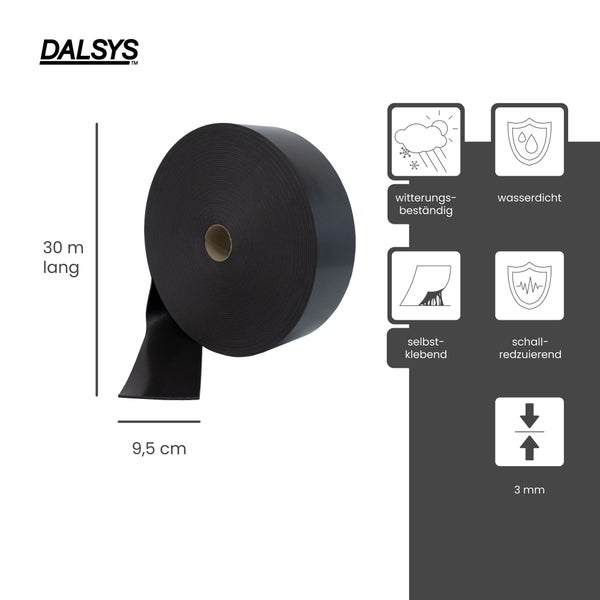 Dalsys Logo. Dichtungsband, 30 Meter, 9,5 Zentimeter breit, 3 Millimeter stark. Witterungsbeständig, wasserdicht, selbstklebend und schallreduzierend.