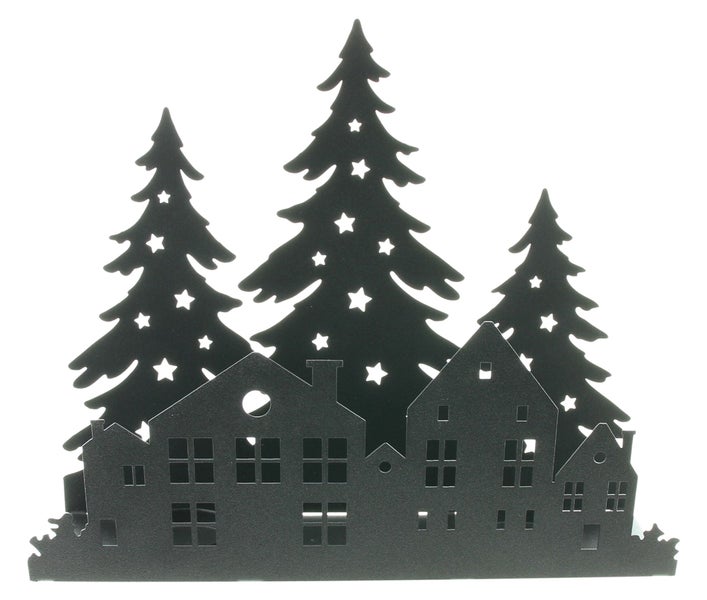 Dekorative Silhouette einer Stadt mit Weihnachtsbäumen und Häusern