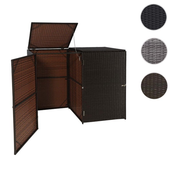 Gartengerätebox aus Rattan mit geöffneten Türen und Deckel