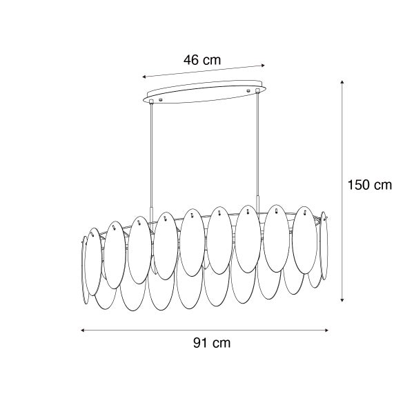 Technische Zeichnung einer Pendelleuchte mit den Maßen 46 cm, 91 cm und 150 cm.