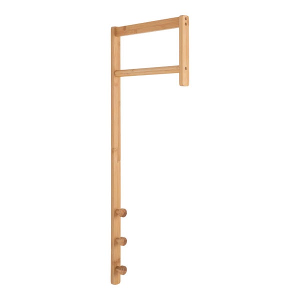 Wandhandtuchhalter aus Bambus mit zwei Stangen und drei Haken.