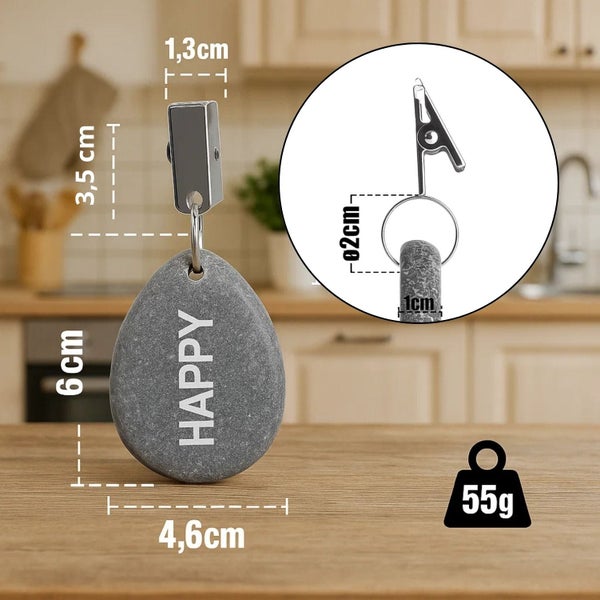 Stein-Gewicht mit Clip und Aufschrift Happy zur Dekoration oder Befestigung mit Maßangaben 6 Zentimeter Höhe und 4,6 Zentimeter Breite
