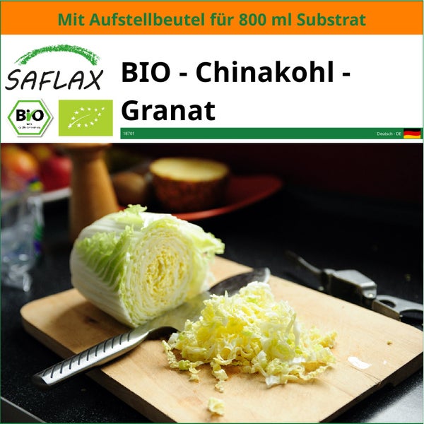 SAFLAX Garden in the bag - BIO - Chinakohl - Granat - Brassica rapa ssp. pekinensis - 40 Samen - Mit Anzuchtsubstrat im praktischen, selbst aufstellenden Beutel